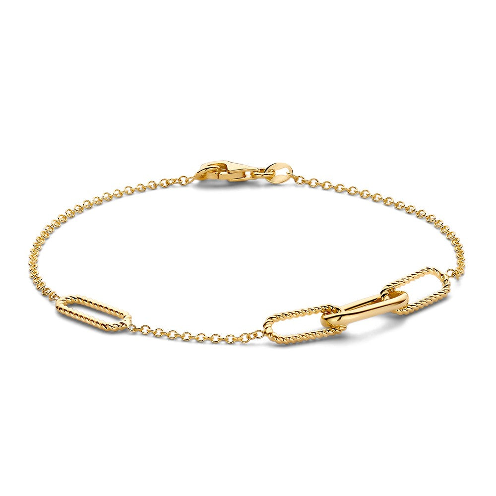Bracelet en or jaune 14 carats, avec maillons allongés et finition brillante, longueur 19 cm.
