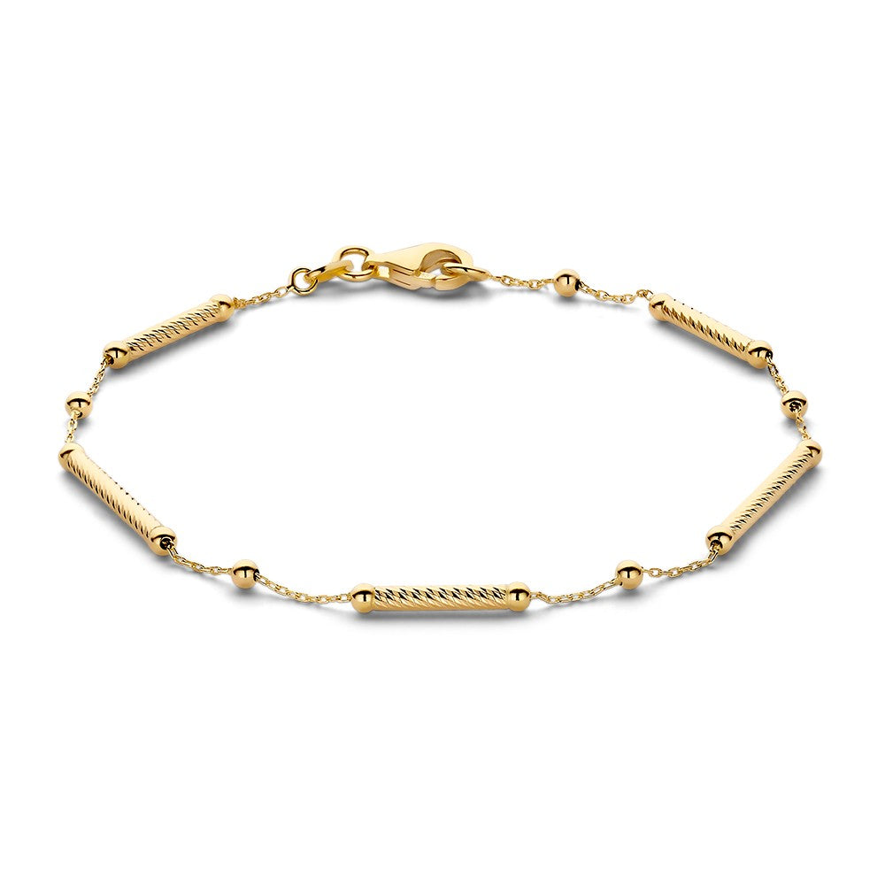 Bracelet en or jaune 14 carats, avec des éléments allongés et des perles, longueur 19 cm.