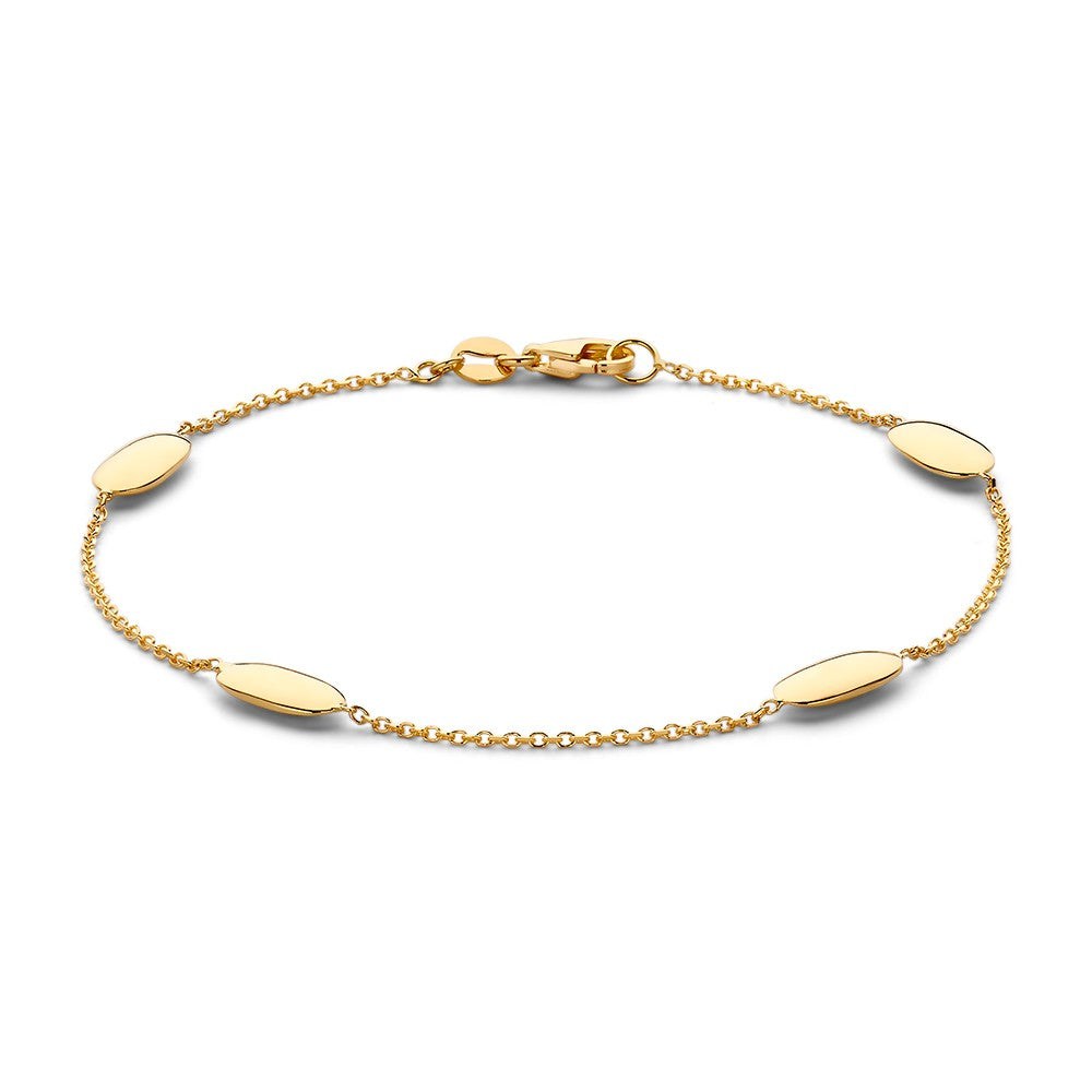 Bracelet en or jaune avec des éléments ovales et une chaîne délicate.