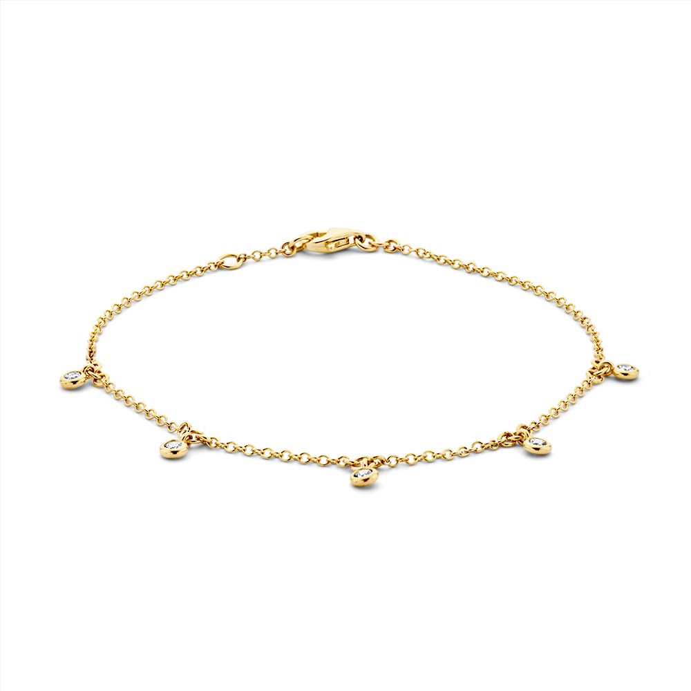 Bracelet en or jaune de 14 carats avec cinq pendentifs en diamant, longueur de 18 à 19 cm.