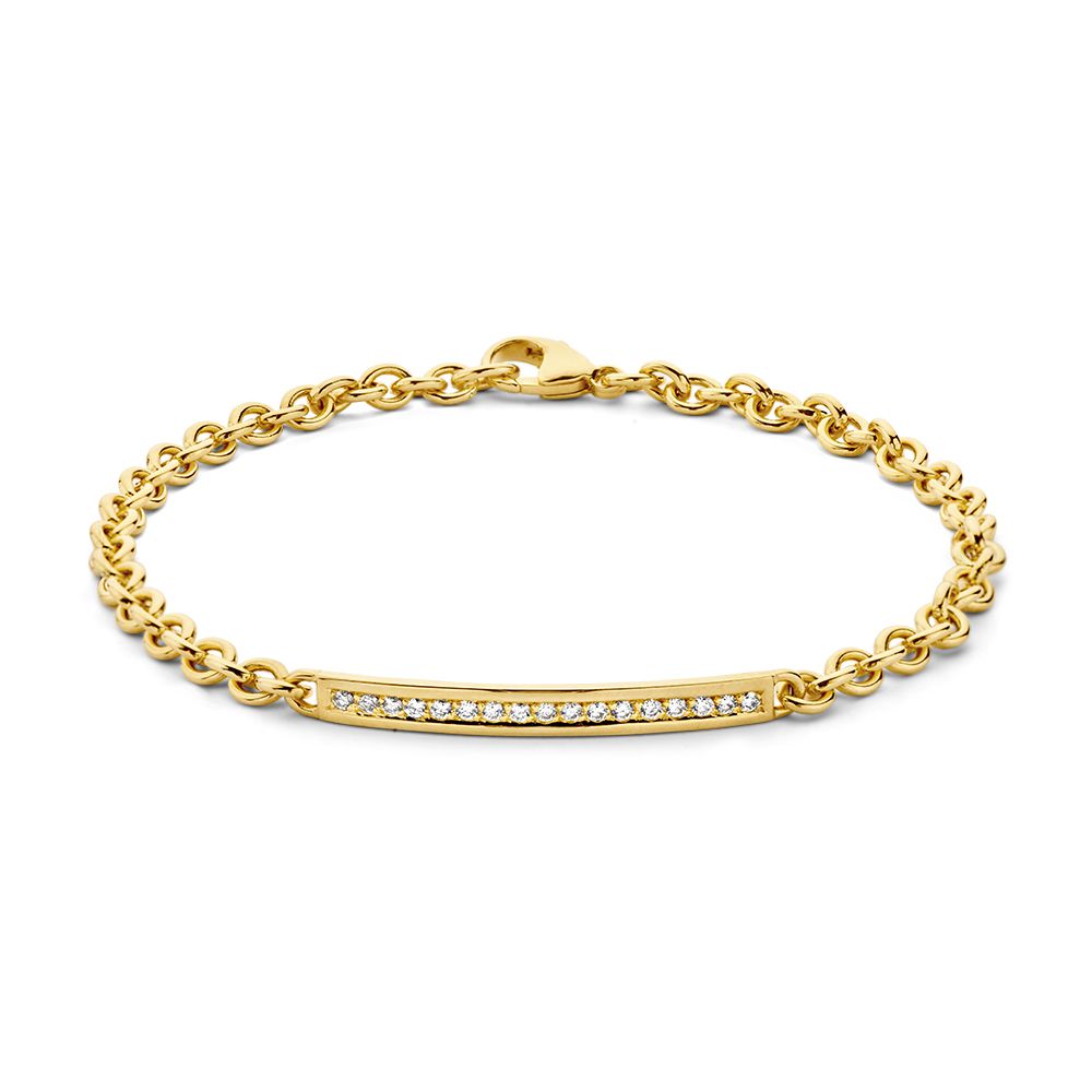 Bracelet en or jaune 14 carats avec diamants, longueur de 19 cm et motif barrette.