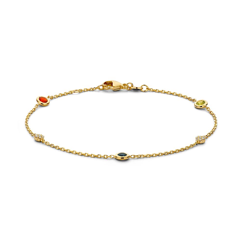 Bracelet en or jaune avec topaze London blue, péridot, opale de feu et diamant.