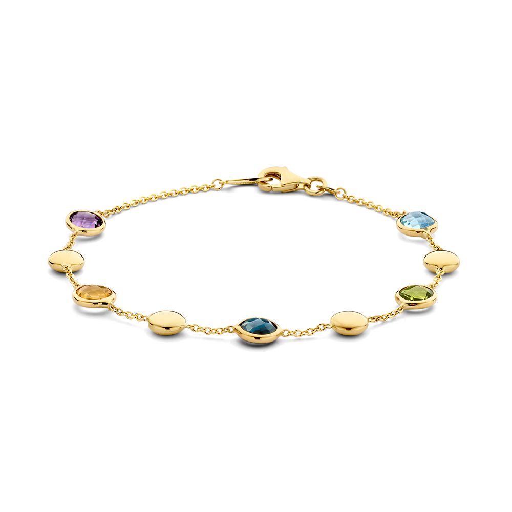 Bracelet en or jaune 14 carats avec améthyste, citrine, péridot et topaze, ornée de pierres colorées.
