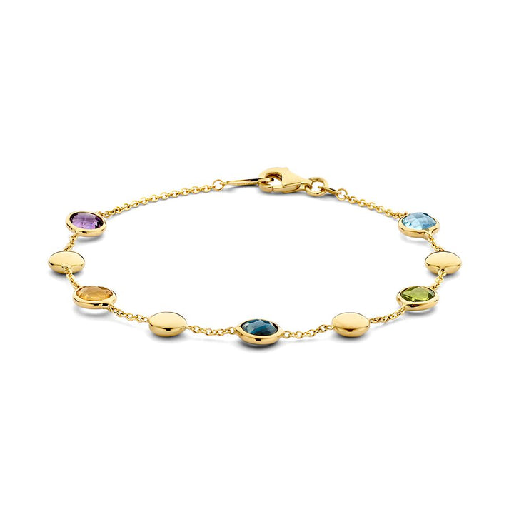 De Geelgouden Armband met Amethist, Citrien, Peridot en Topaas van Excellent Jewelry is een 14-karaats armband met ronde, veelkleurige edelstenen en een stevige karabijnsluiting.