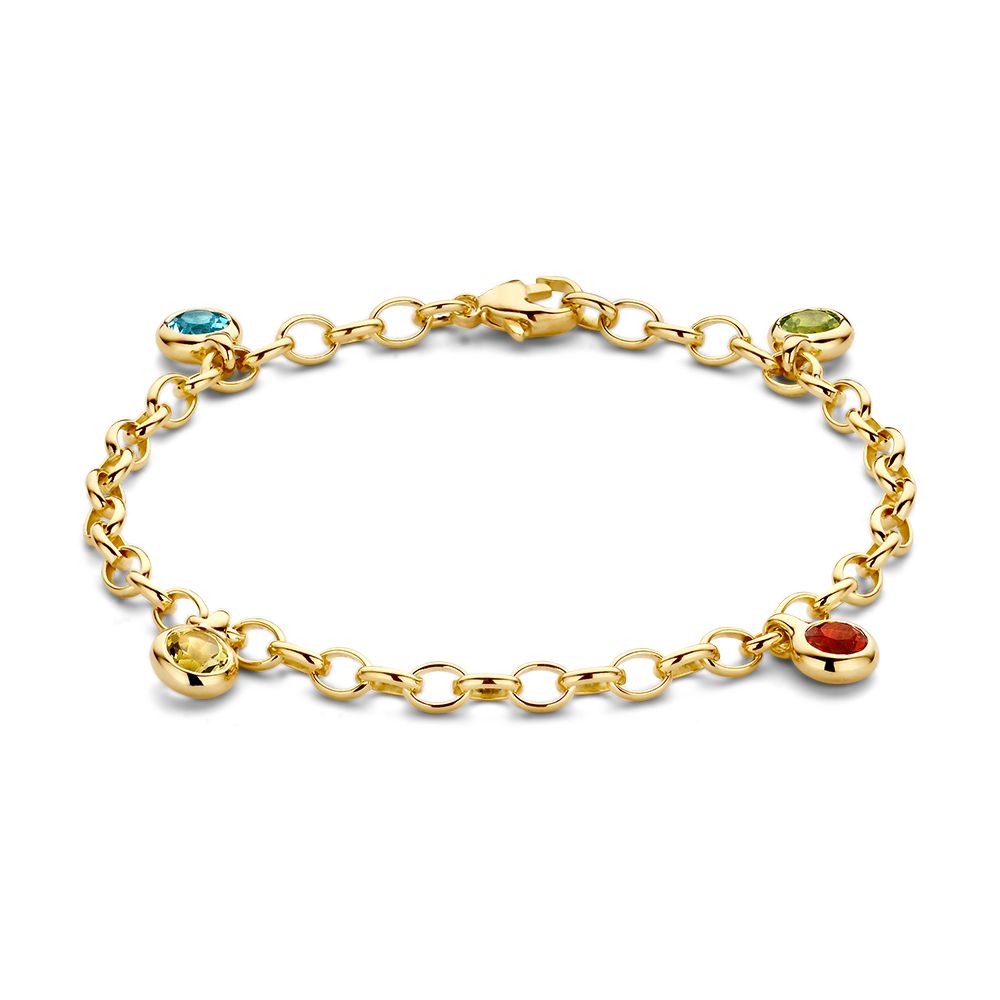 Bracelet en or jaune 14 carats avec des charms en topaze bleue, péridot, quartz citron et opale de feu.