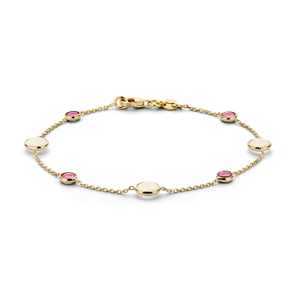 Bracelet en or jaune 14 carats avec des pierres de lune et des rubis, longueur 19 cm.