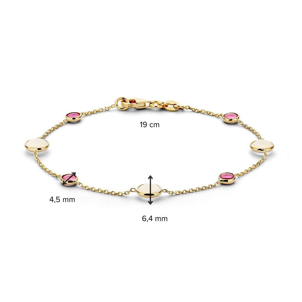 Bracelet élégante avec Pierre de Lune et Rubis – Or Jaune 14 Carats, 19 cm