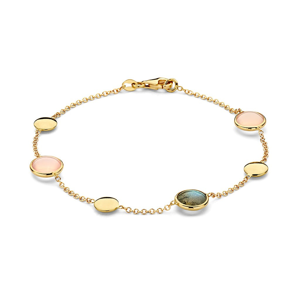 Bracelet en or jaune avec labradorite et quartz rose, 19 cm, ornée de cabochons ronds.