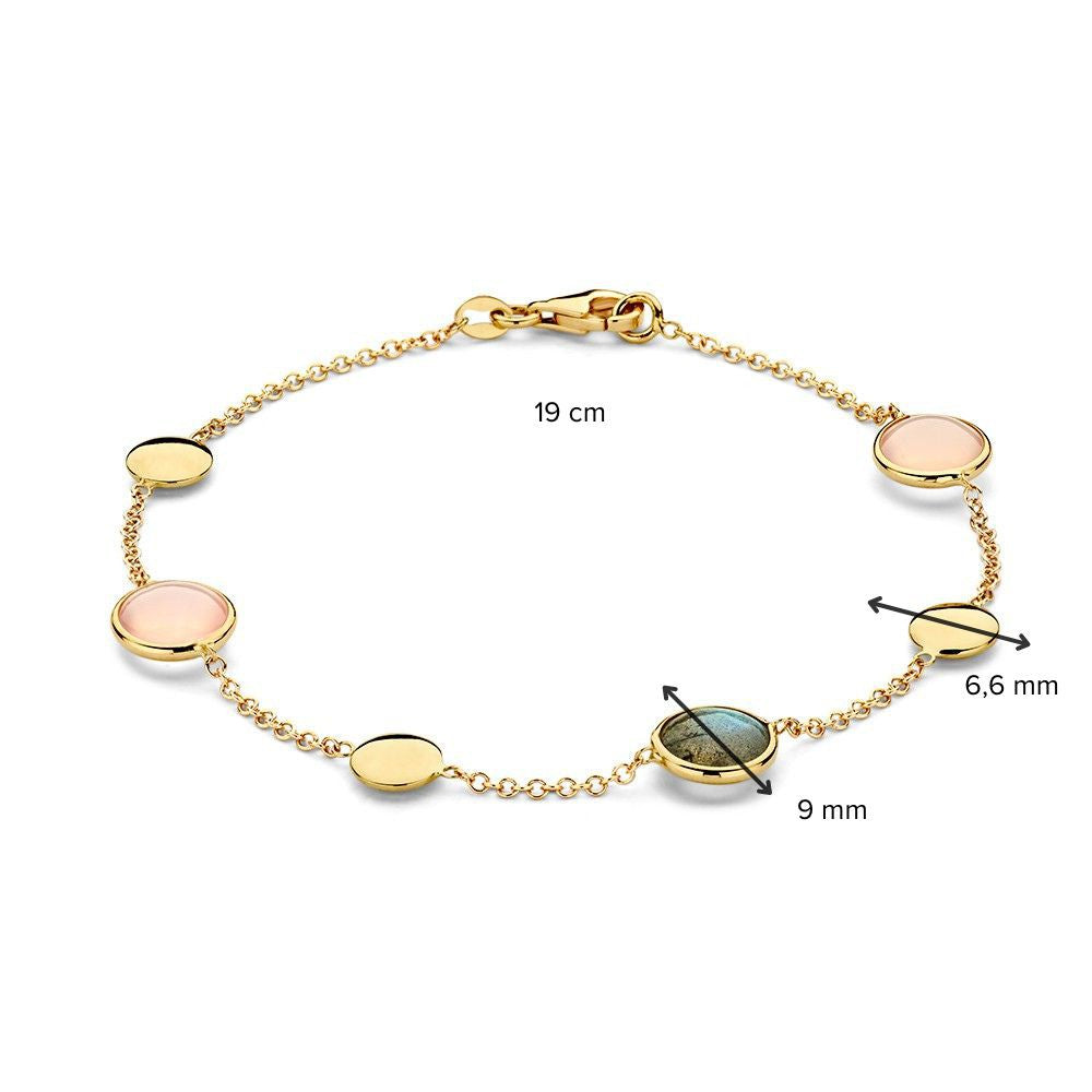 Bracelet en or jaune avec labradorite et quartz rose – 14 carats, 19 cm