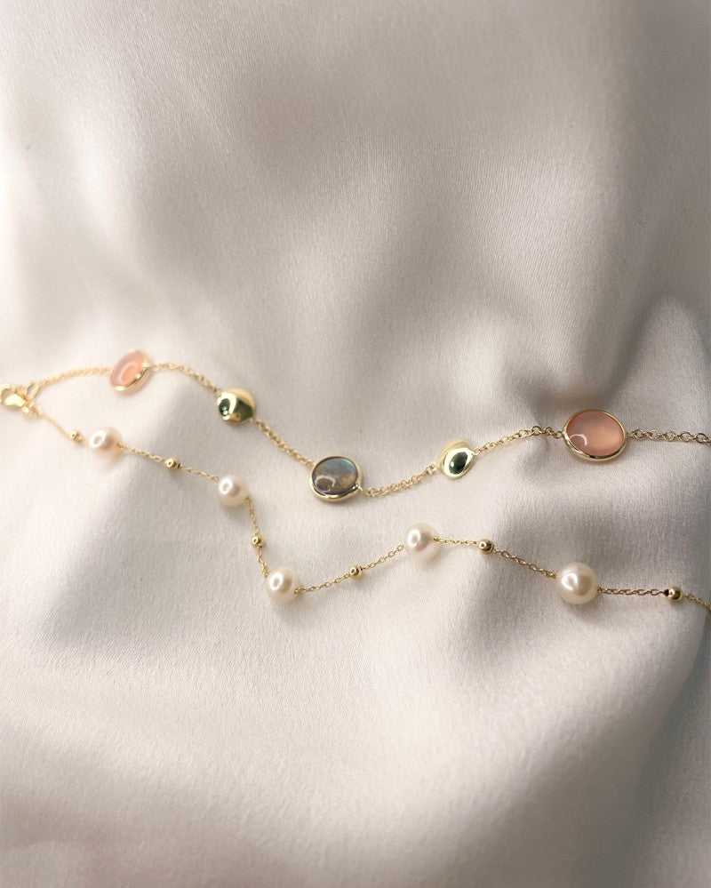 Bracelet en or jaune avec labradorite et quartz rose – 14 carats, 19 cm
