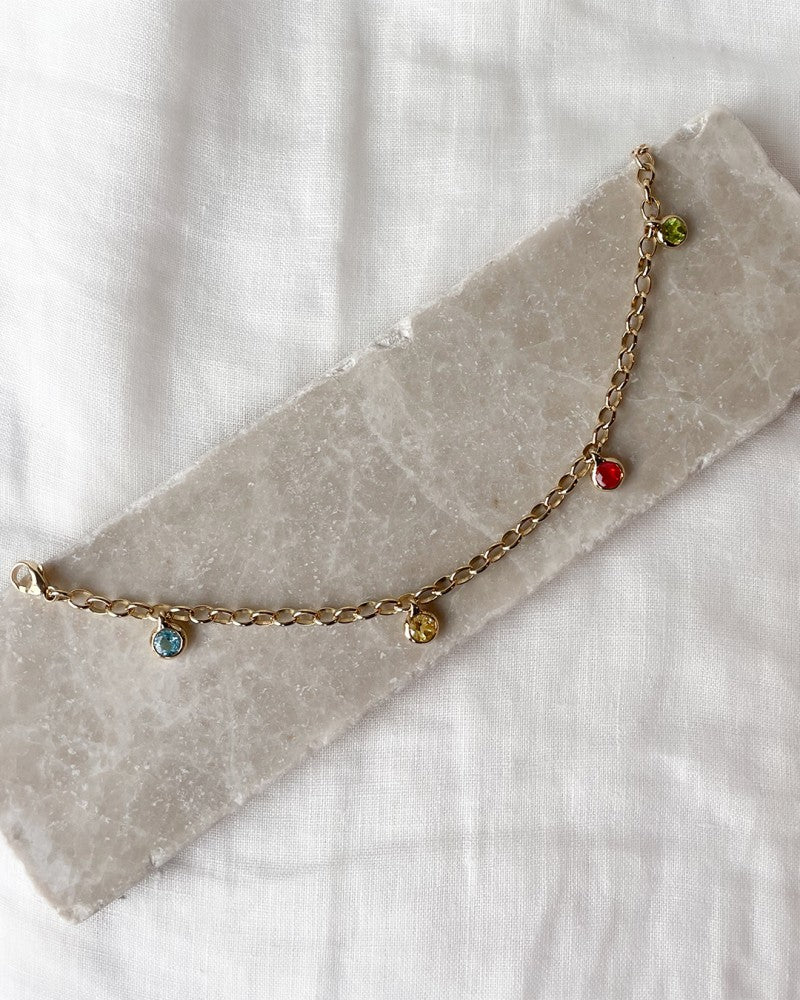 Bracelet en Or Jaune avec Breloques en Pierres Précieuses – Or 14 Carats – Topaze Bleue, Péridot, Quartz Citron & Opale de Feu
