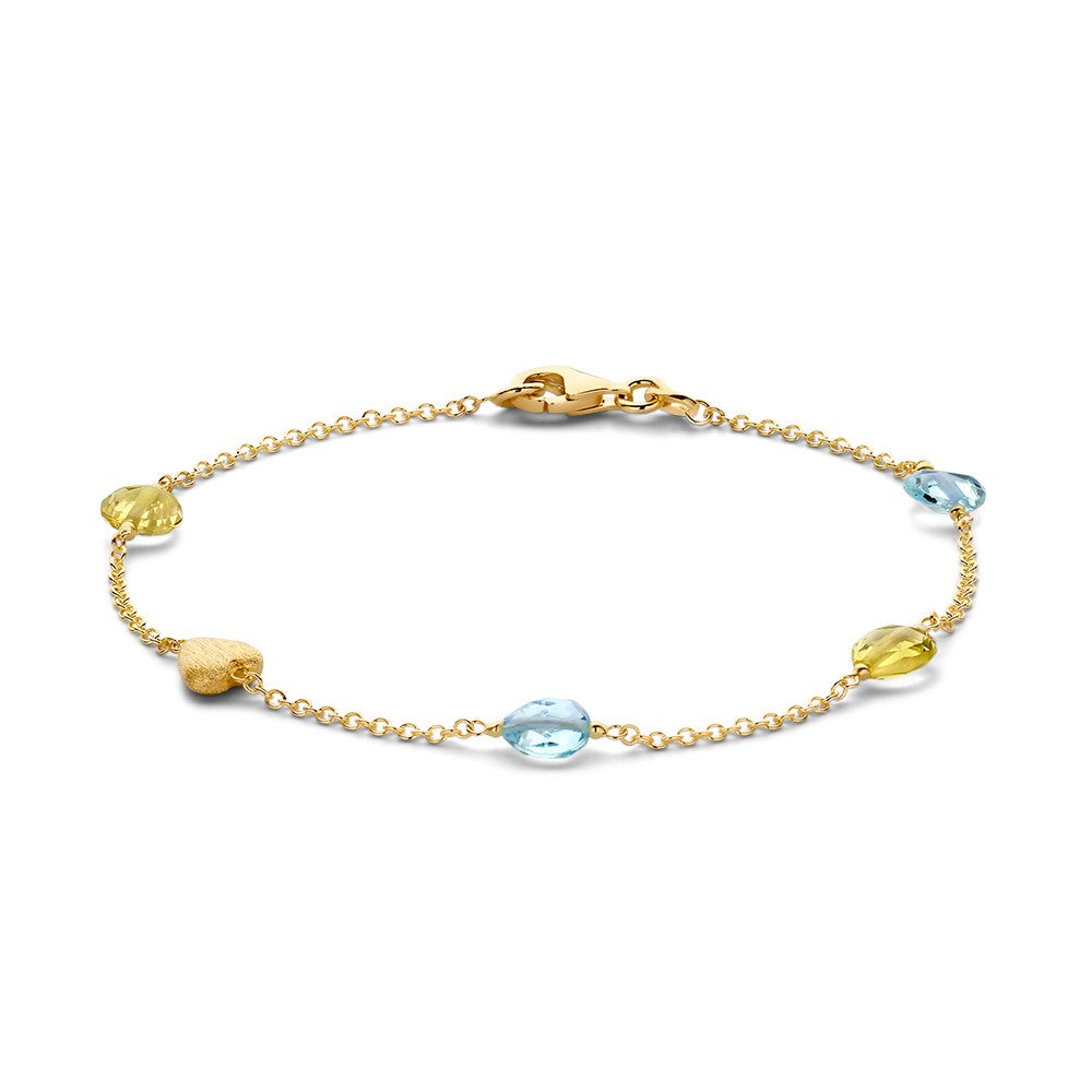 Bracelet en or jaune de 14 carats avec des pierres de quartz citron et topaze bleue, longueur de 19 cm.