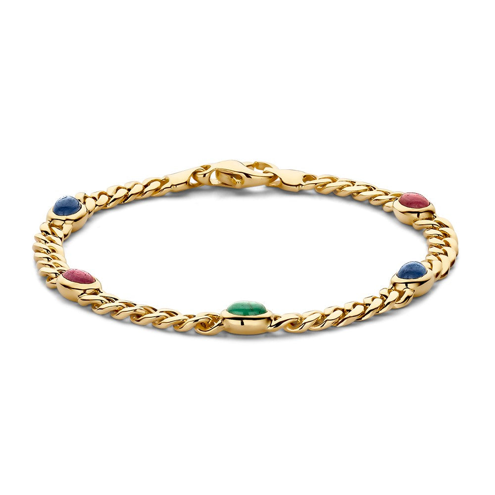 Bracelet en or jaune avec des pierres précieuses colorées.
