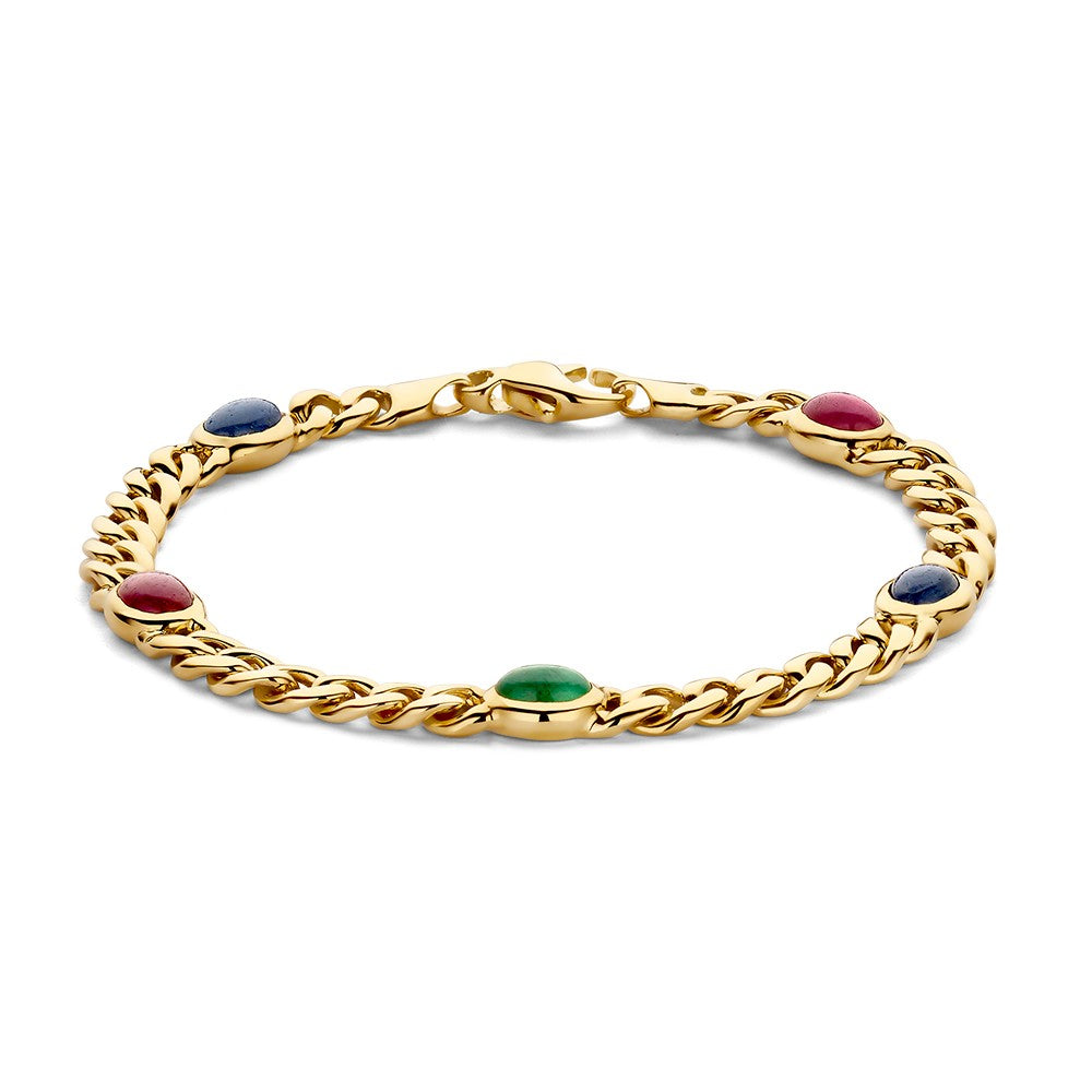 Bracelet en or jaune avec des pierres précieuses colorées.