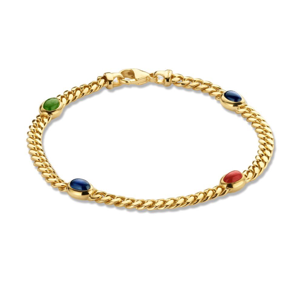 Bracelet en or jaune de 14 carats avec rubis, saphir et émeraude, longueur de 19 cm.