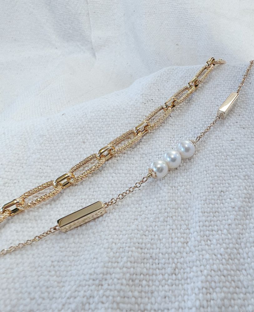 Bracelet en or jaune avec barres et perles d'eau douce – 14 carats bracelet pour femme 19 cm