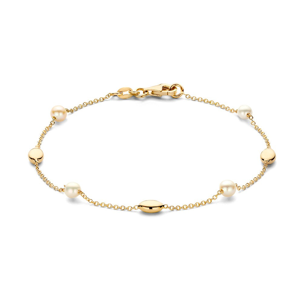 Bracelet en or jaune de 14 carats avec des perles et des éléments dorés, longueur 19 cm.