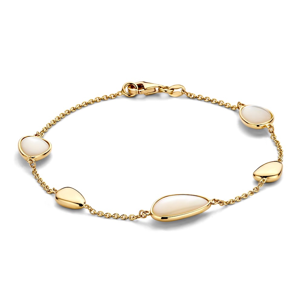 Bracelet en or jaune avec des éléments dorés et des motifs en nacre, longueur de 19 cm.