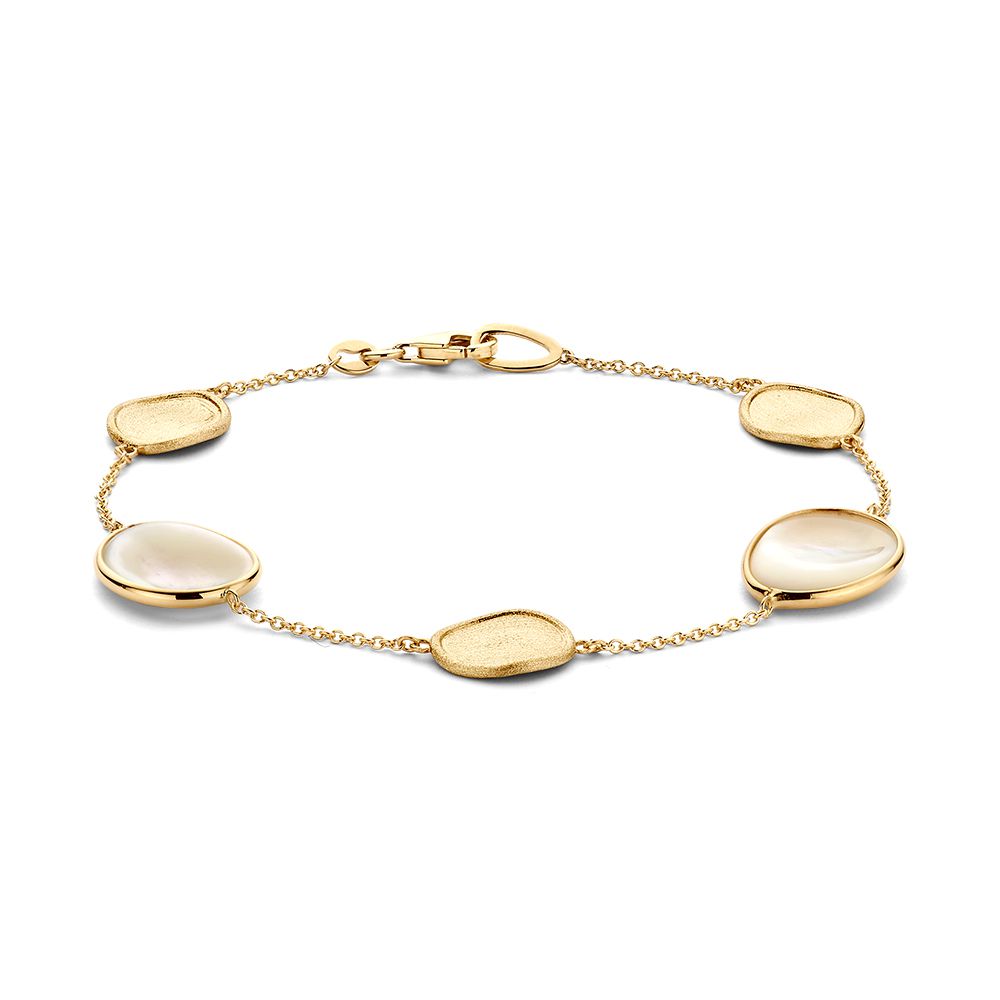 Bracelet en or jaune avec des éléments en nacre et mat, composé de cinq maillons ovales.
