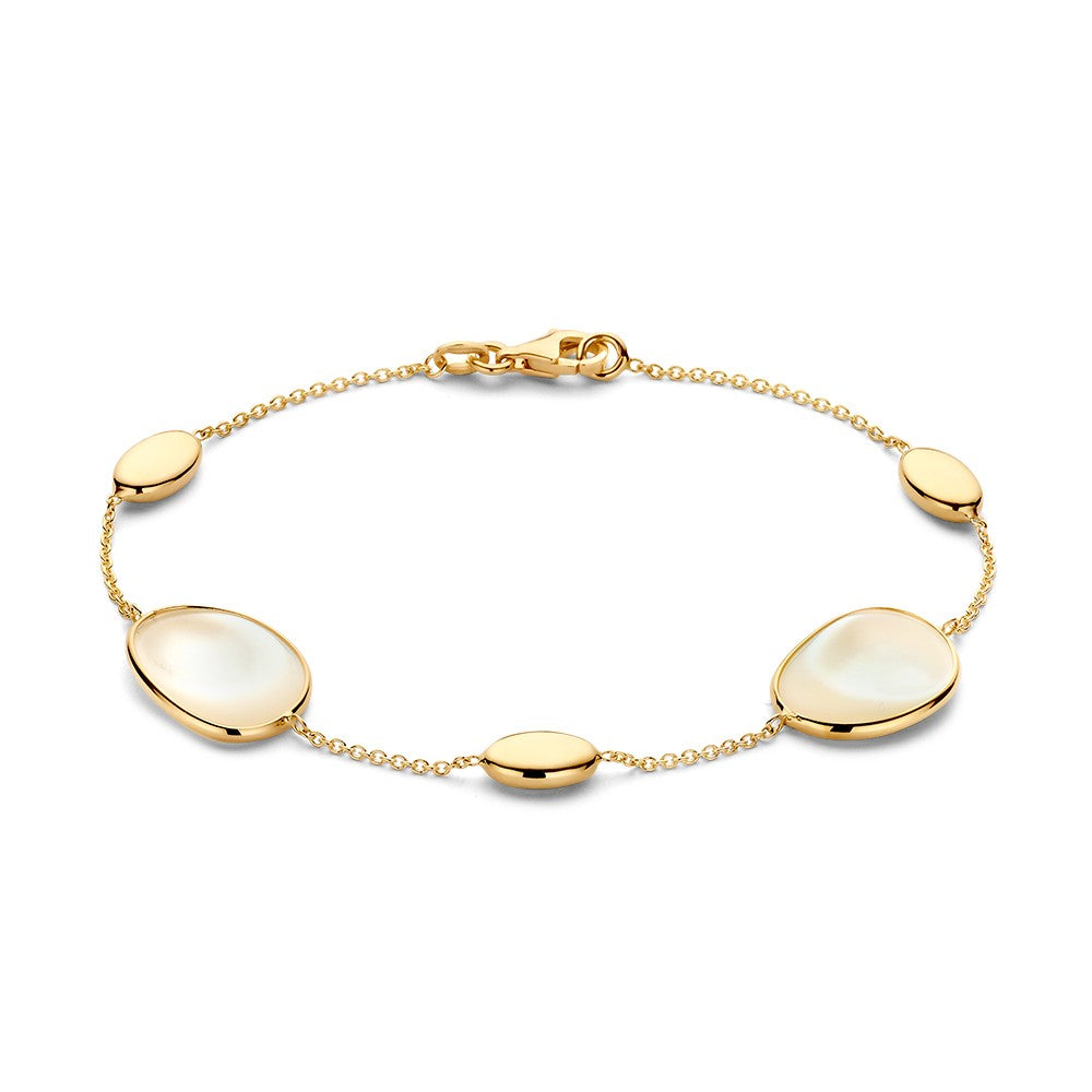 Bracelet en or jaune avec des éléments en nacre, comprenant des ovales et des formes allongées.