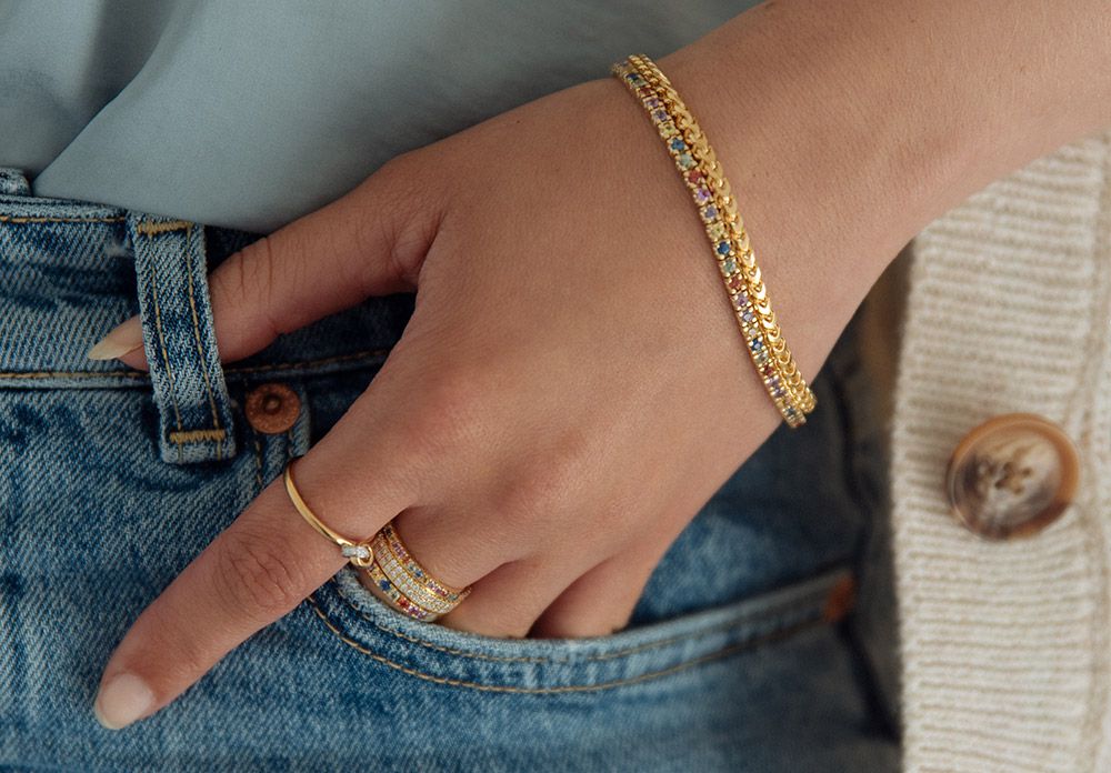 Bracelet de tennis en or jaune avec saphirs arc-en-ciel – bracelet pour femme 14 carats 3,65 ct