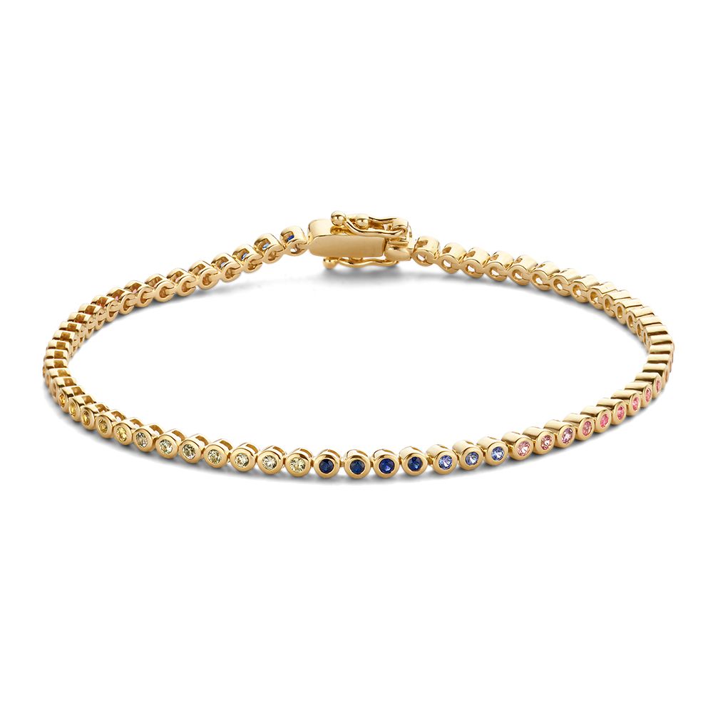 Bracelet en or jaune 14 carats avec saphirs multicolores, sertis de manière alternée.