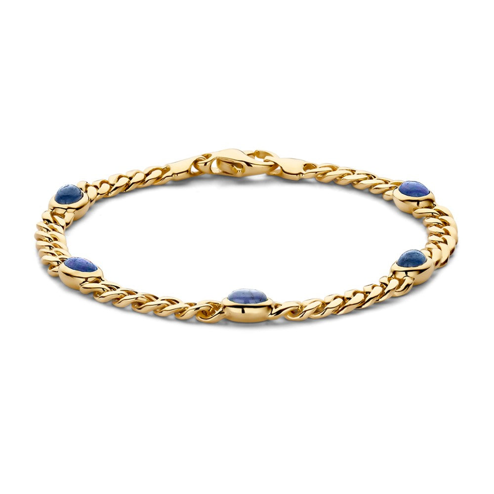 Bracelet en or jaune avec des saphirs ronds, maillons entrelacés.