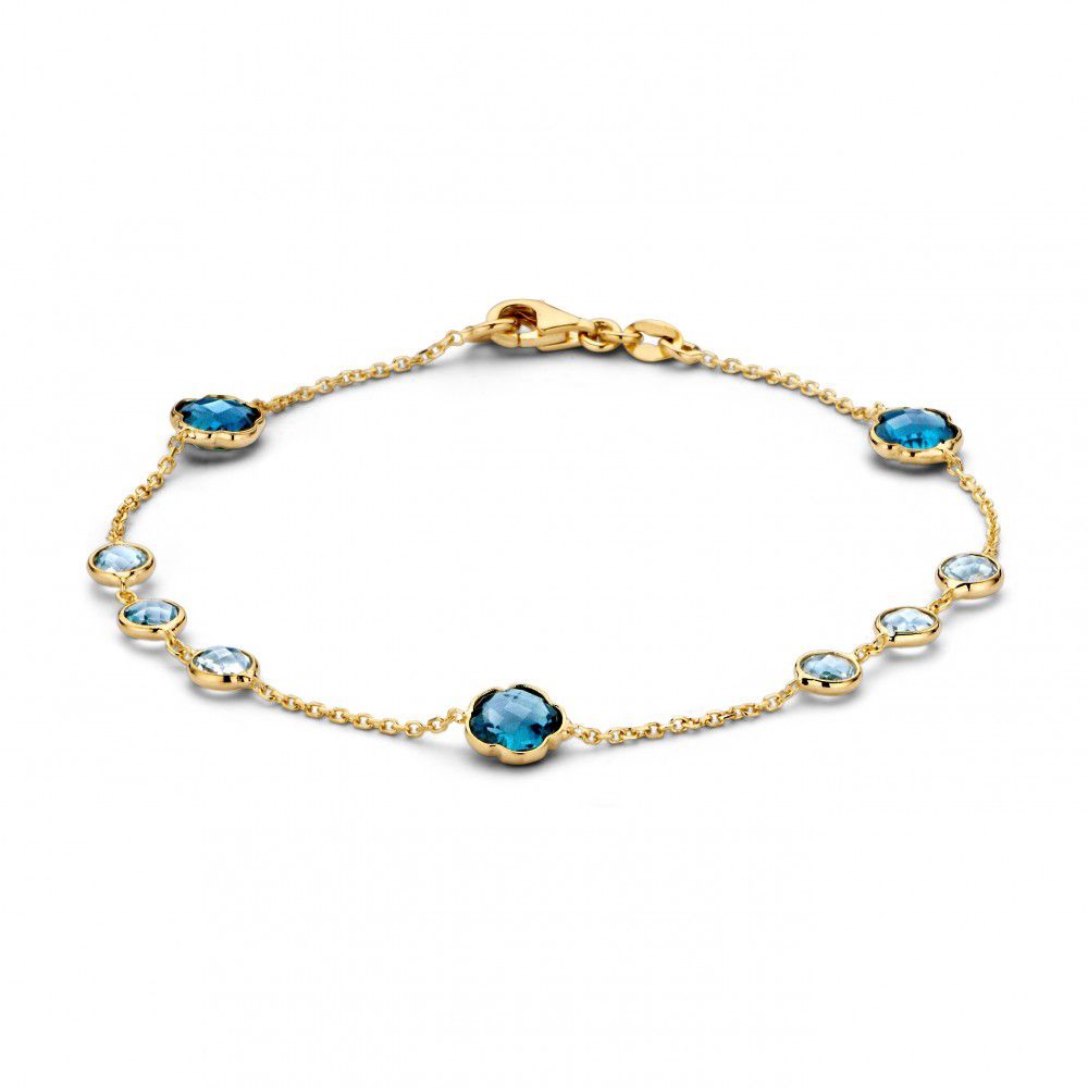 Bracelet en or jaune de 14 carats avec topazes, longueur de 19 cm, design délicat avec plusieurs pierres.