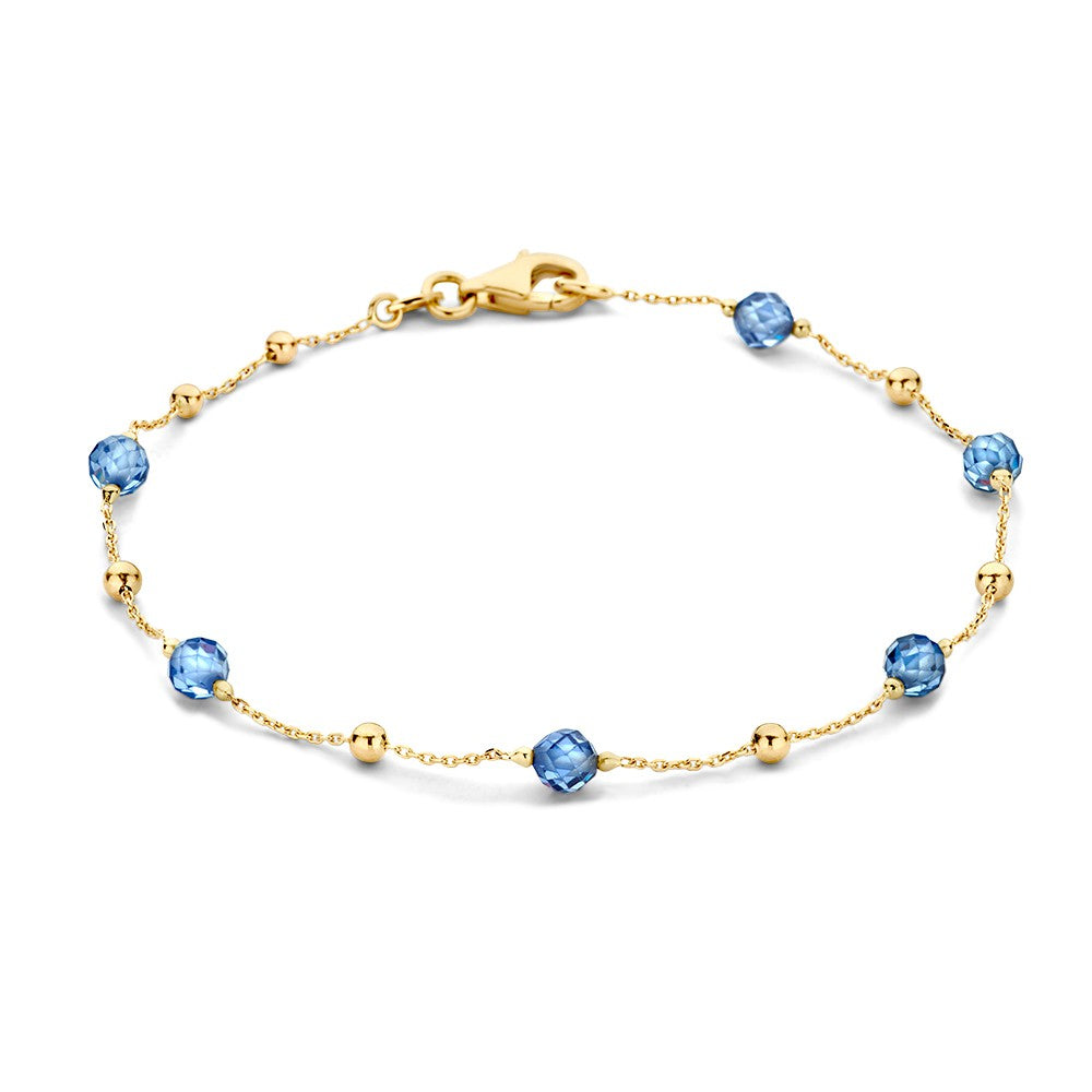 Bracelet en or jaune avec des perles en zircon bleu foncé, 14 carats, longueur 19 cm.