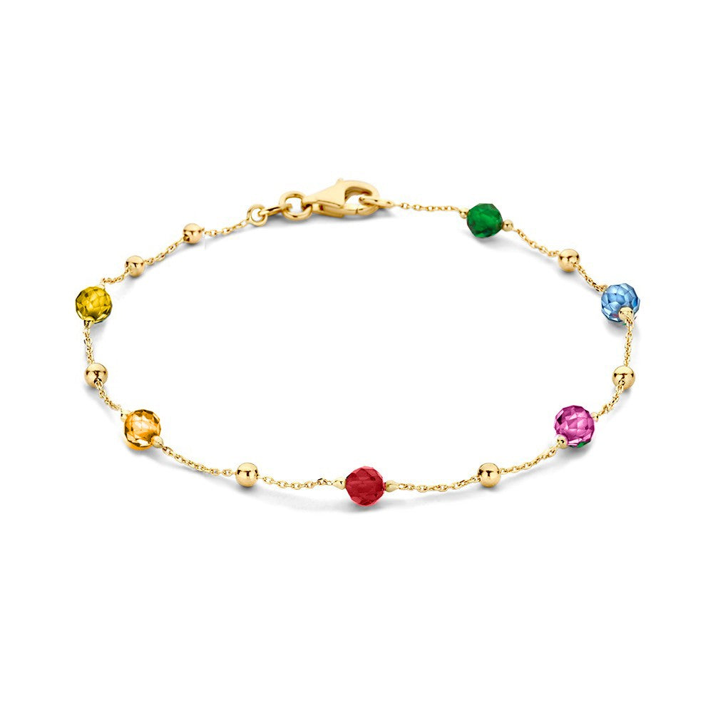 Bracelet en or jaune avec des zirkonias colorés et des perles dorées.