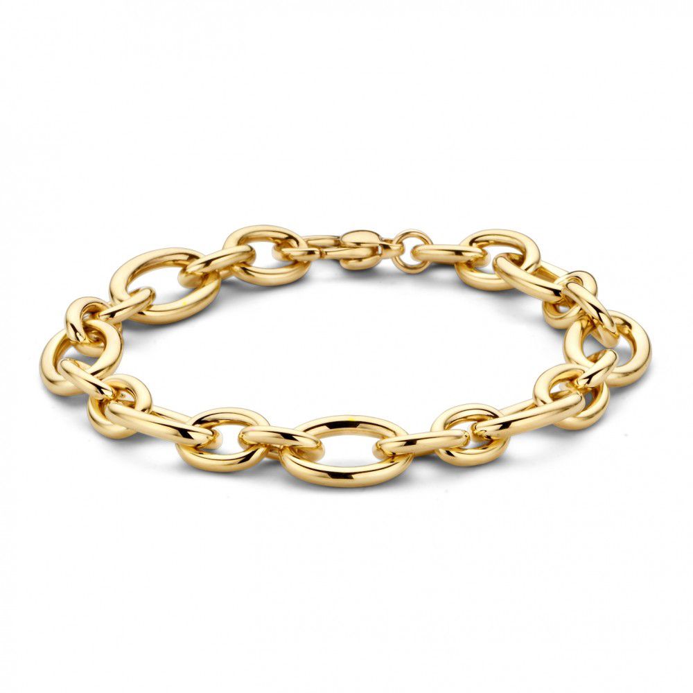Bracelet en or jaune 14 carats, 20 cm de long et 10 mm de large, avec maillons ovales.