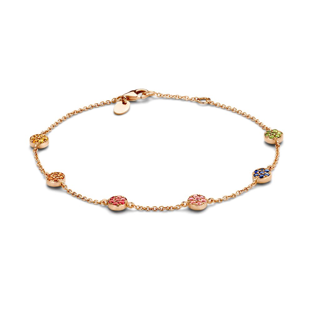 Bracelet en or rose avec des saphirs multicolores, ornée de motifs ronds.