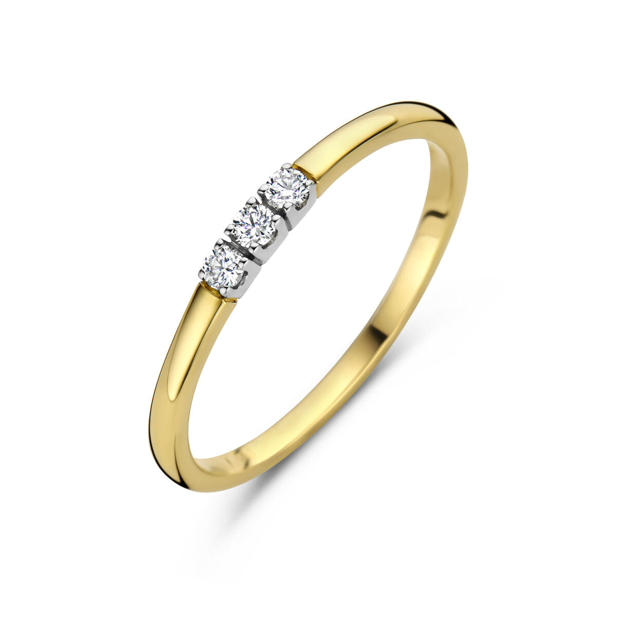 Bicolor gouden memoire ring met drie diamanten van 0.09ct, geelgouden band met witte gouden accent.