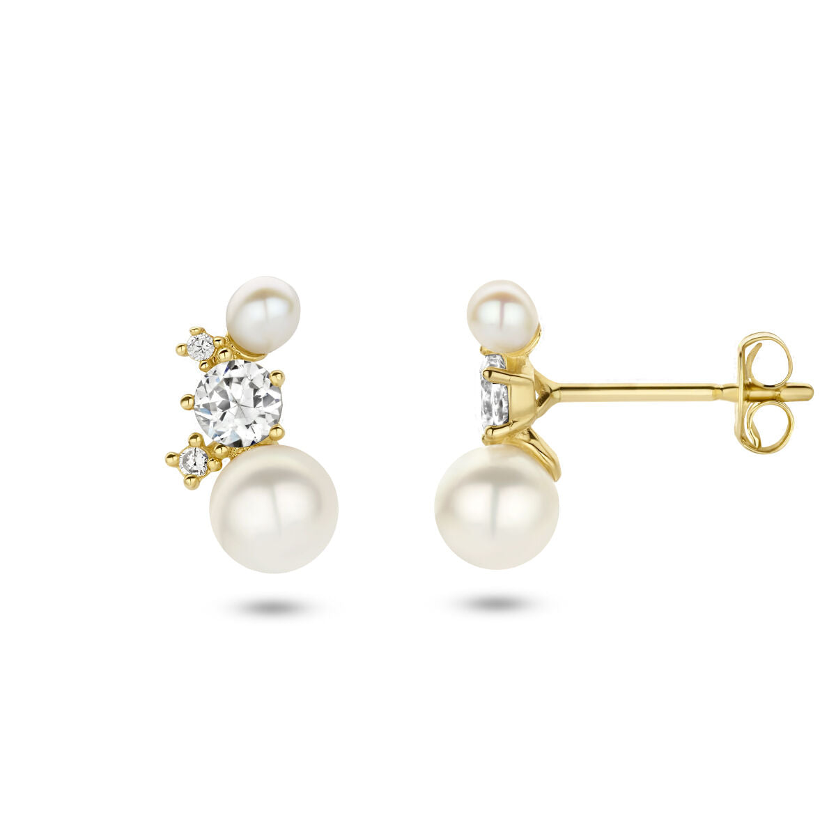 puces d'oreilles perle et zircone or jaune 14K