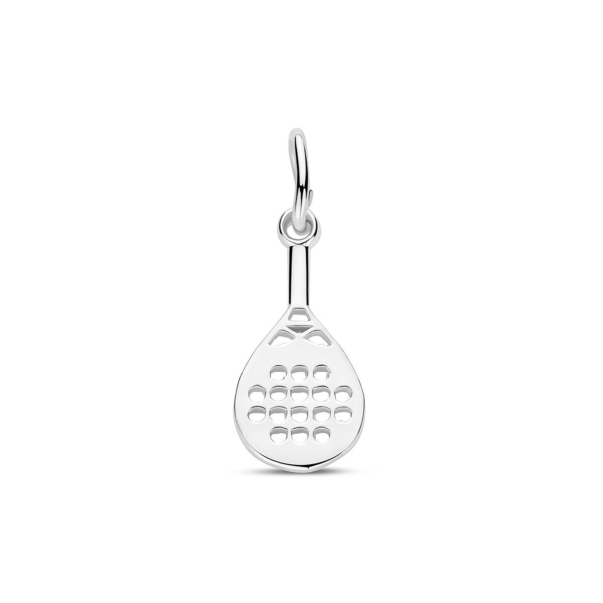 Pendentif en argent 925 en forme de raquette de padel avec des détails en relief.