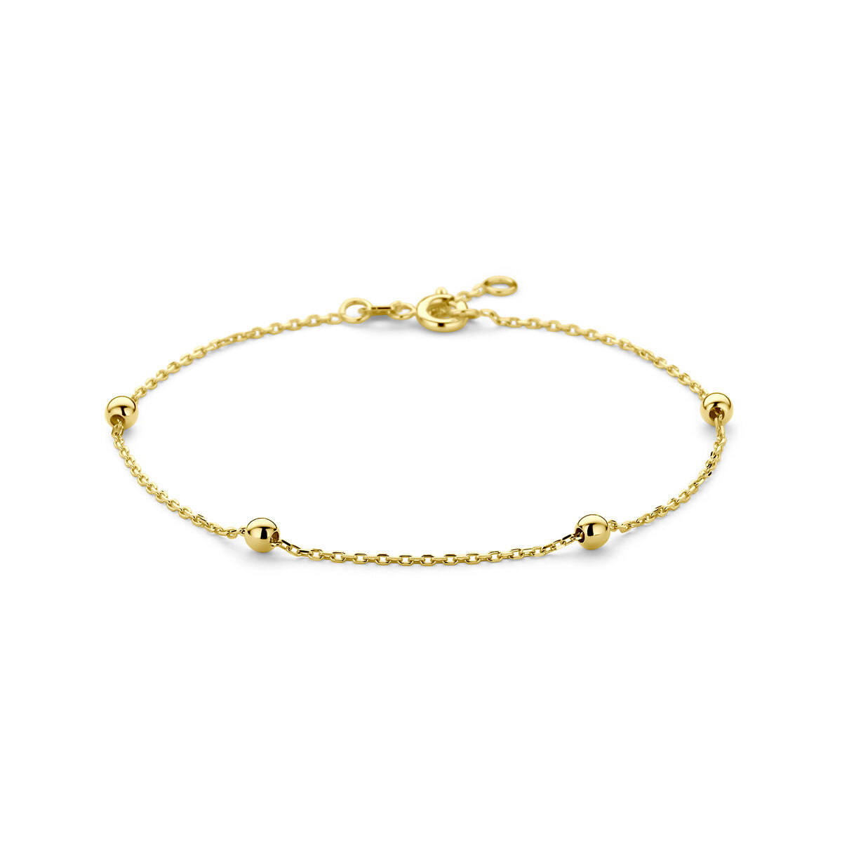 Bracelet en or jaune 14K avec des billes et un motif ancre, longueur ajustable de 17,5 à 18,5 cm.