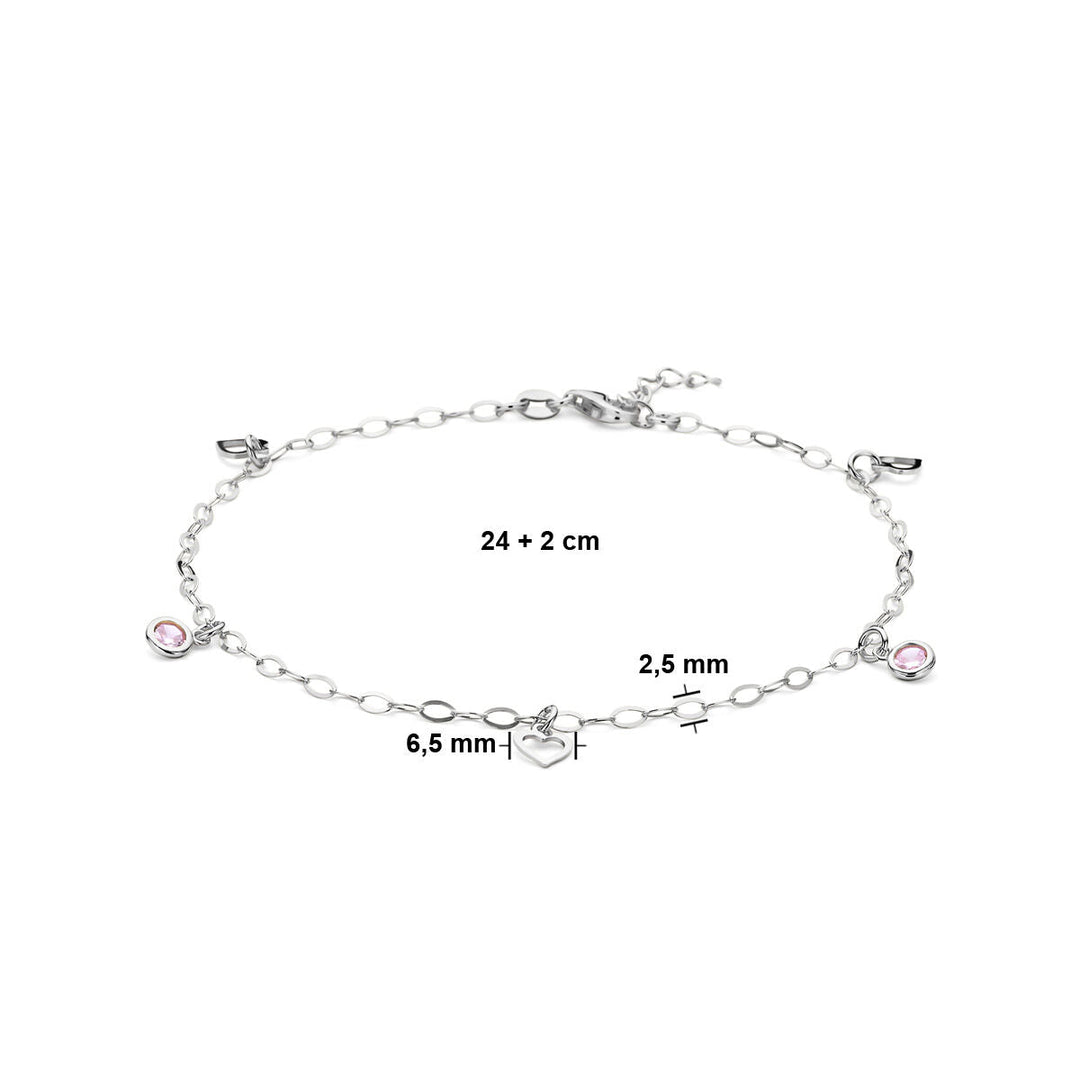 zilveren enkelbandje hart en roze zirkonia 24 + 2 cm