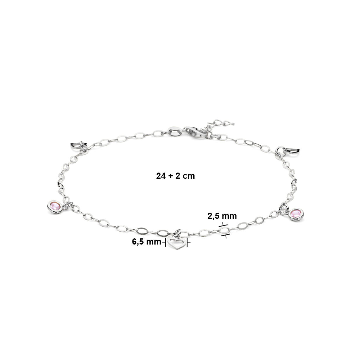 bracelet de cheville argent cœur et zircone rose 24 + 2 cm