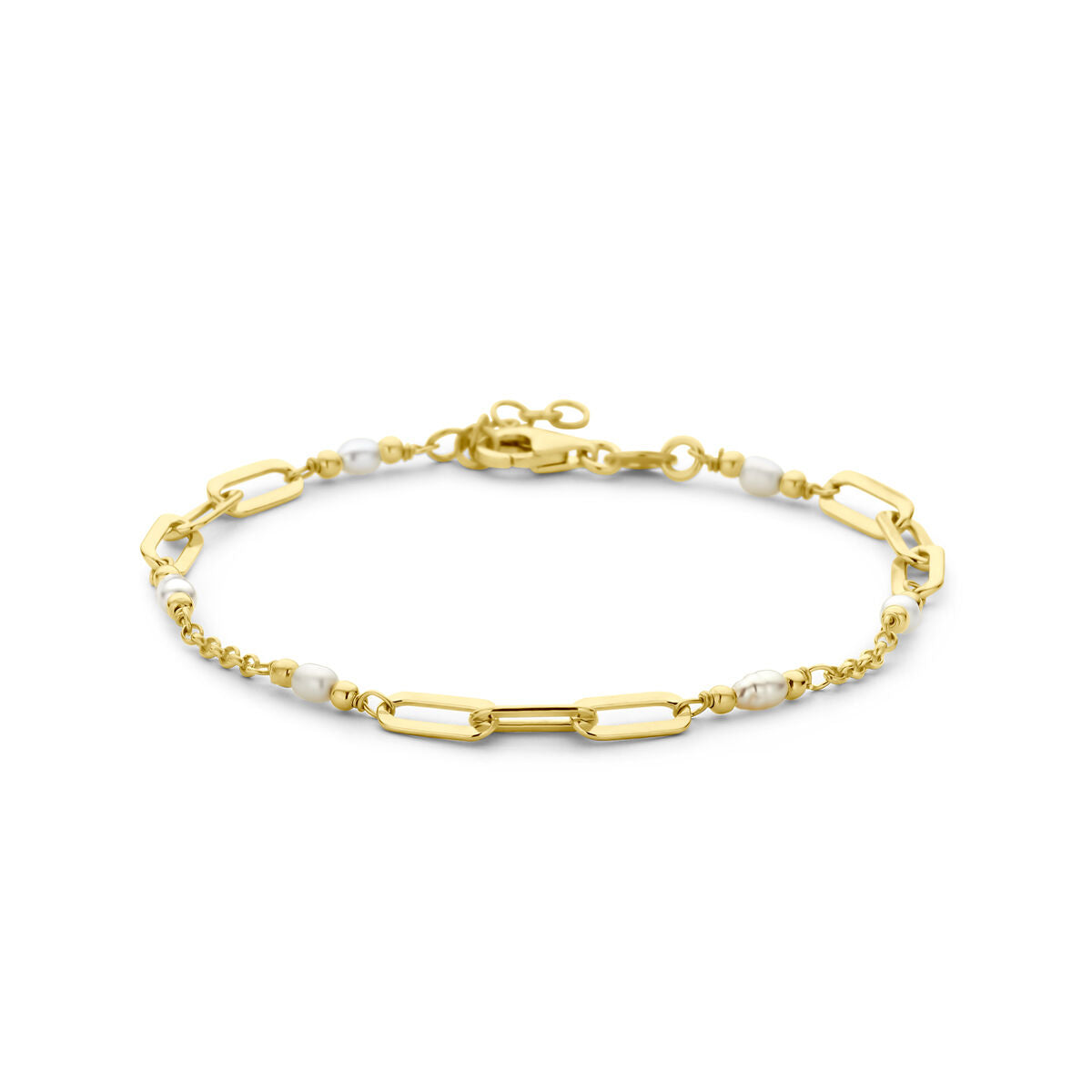Bracelet en argent doré de 3 microns avec perles blanches et maillons allongés.