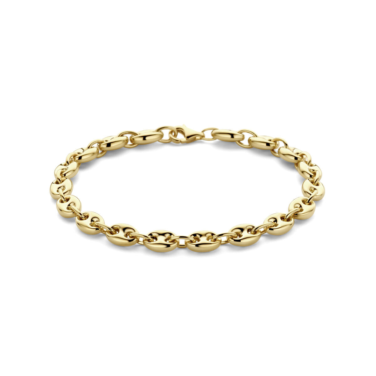 Bracelet en or jaune 14K avec des maillons en forme de grain de café, 6 mm de large et 19 cm de long.