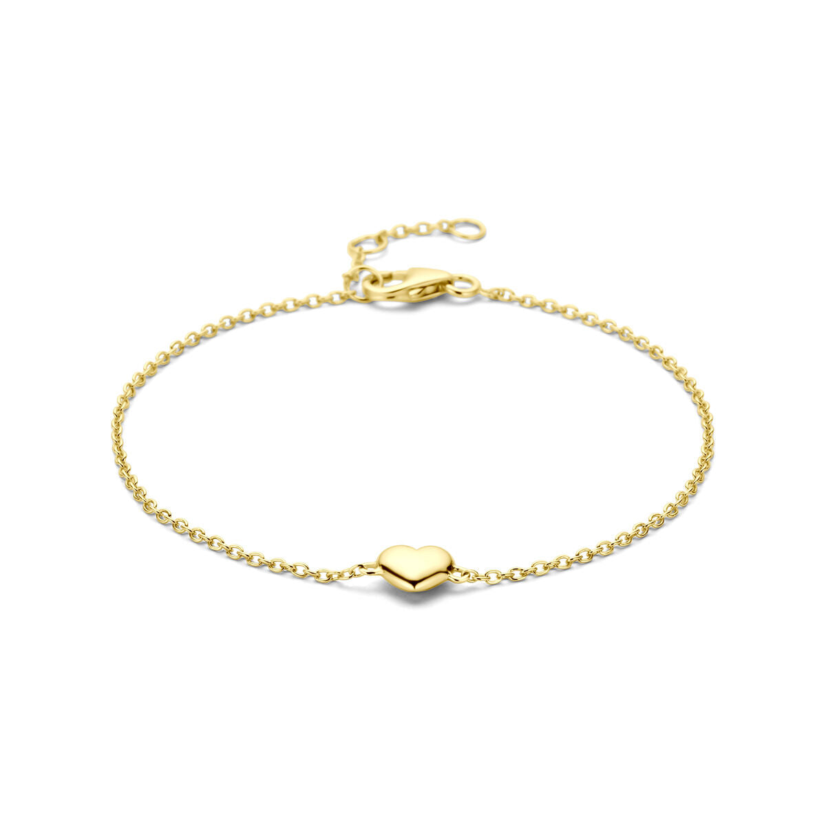 Bracelet en argent doré avec un petit cœur au centre, longueur ajustable de 16,5 à 18,5 cm.