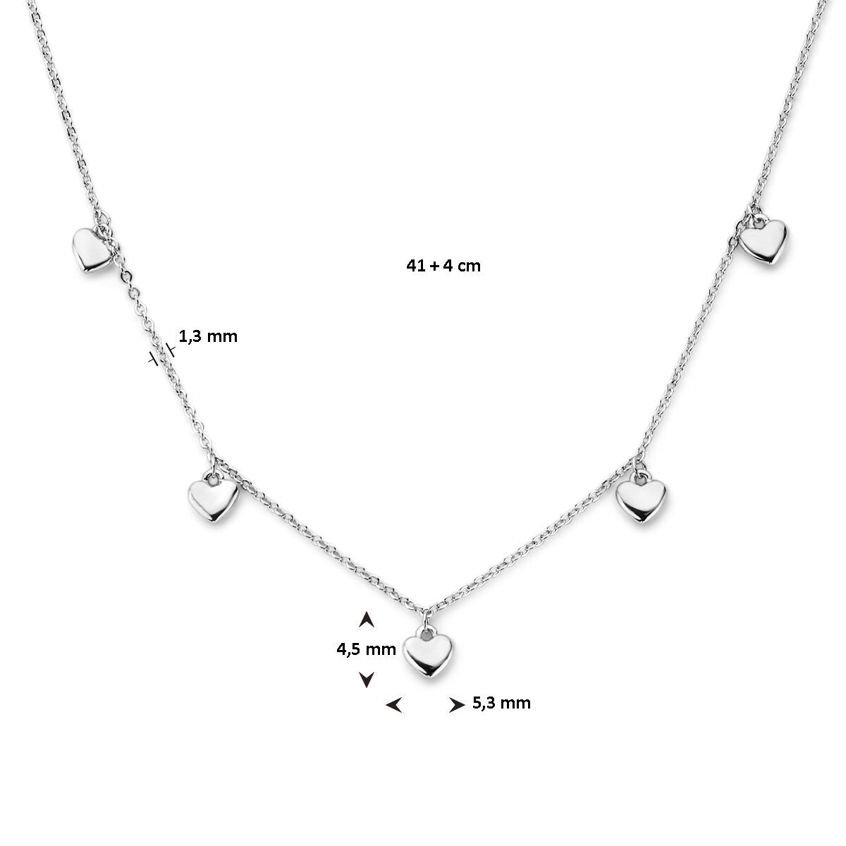 collier cœurs 41 + 4 cm argent rhodié