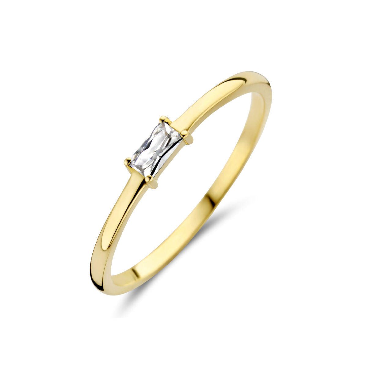 Ring van 14K geelgoud met een rechthoekige zirkonia als geboortesteen.