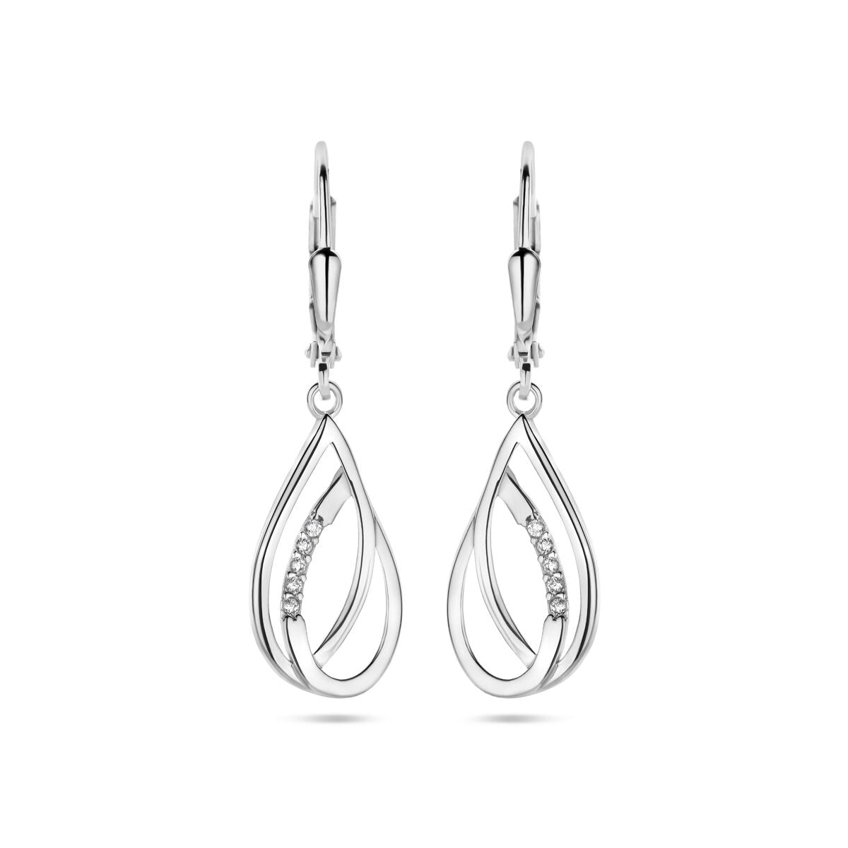Boucles d'oreilles en argent rhodié en forme de goutte avec zirconia, d'une longueur de 34 mm.