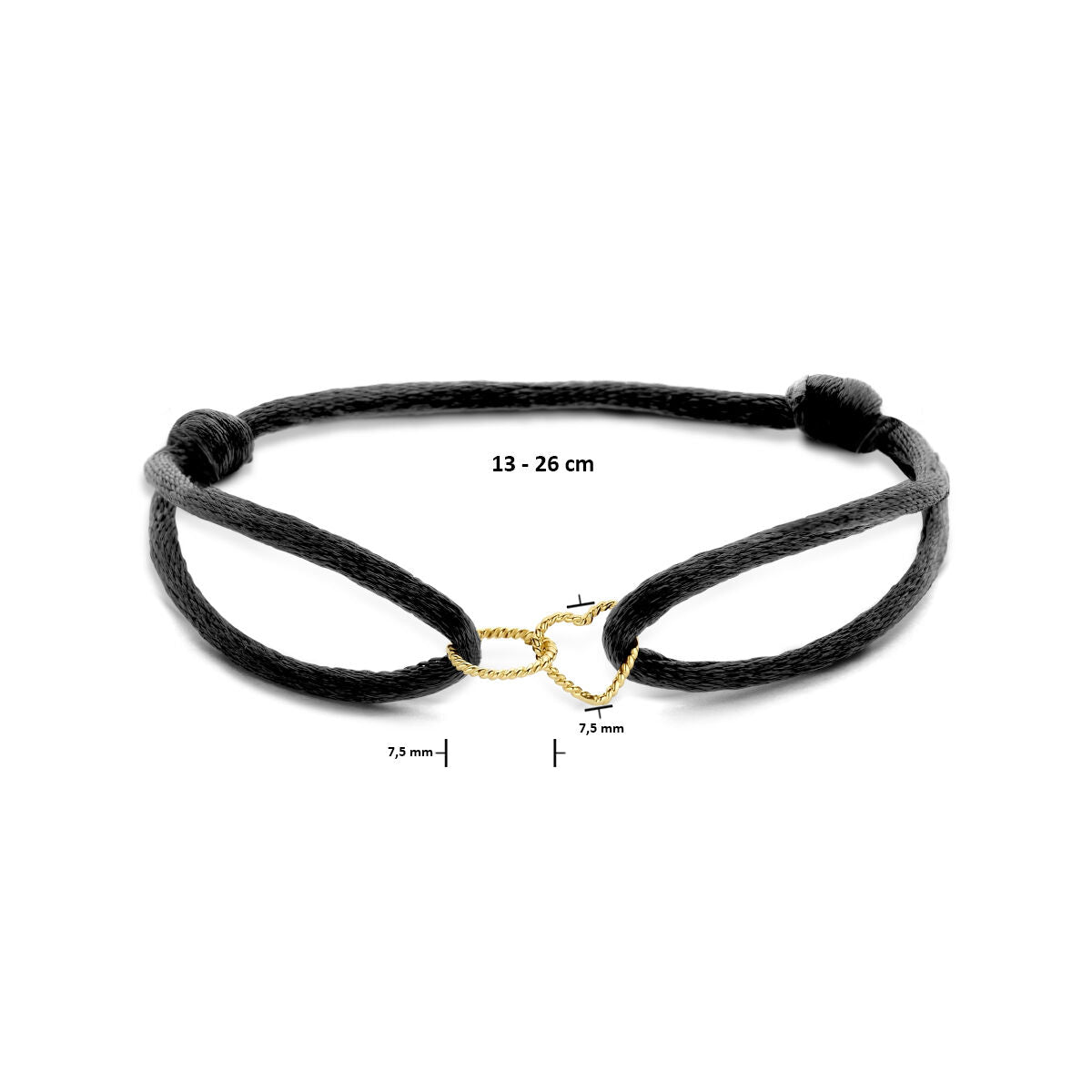 bracelet satin cœur et rond tressé or 14K avec caoutchouc/nylon/cuir