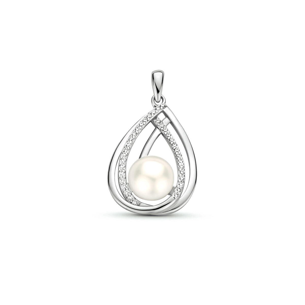 pendentif en argent rhodié avec une perle et des zircons en forme de goutte.
