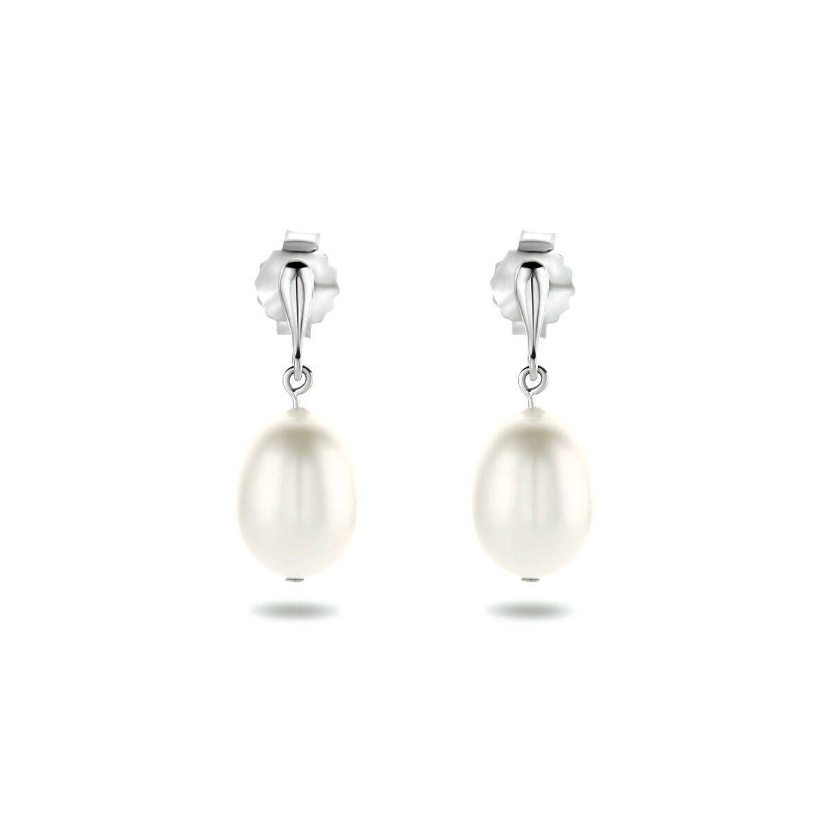 Boucles d'oreilles en argent rhodié avec perles blanches en forme d'ovale.