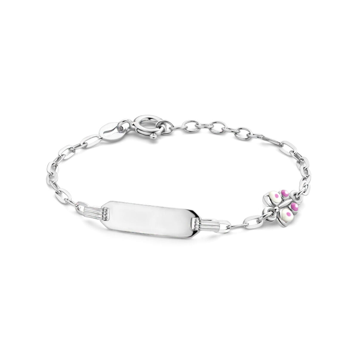 Bracelet en argent rhodié avec plaque et pendentif en forme de papillon, décoré de pierres roses.