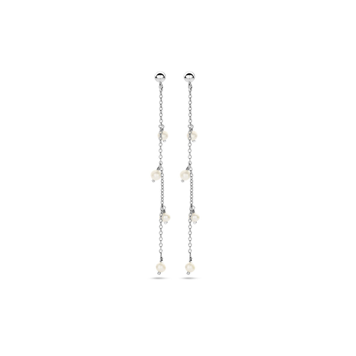 Boucles d'oreilles en argent rhodié avec des perles suspendues.