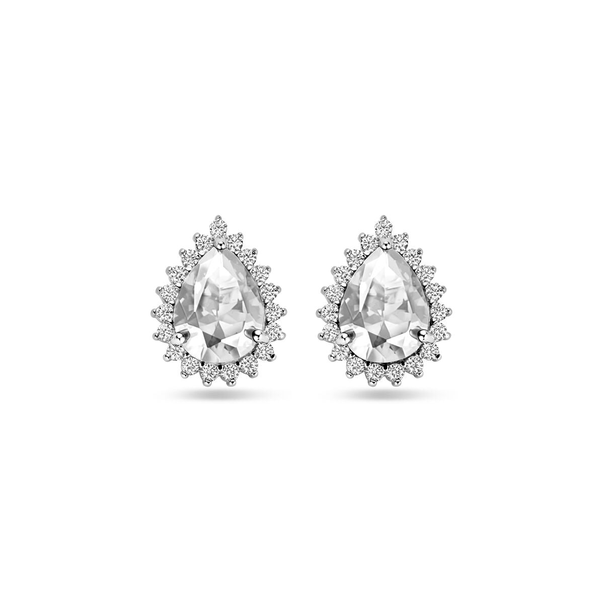 Boucles d'oreilles en argent rhodié avec zircones, forme poire, ornées de petites pierres.